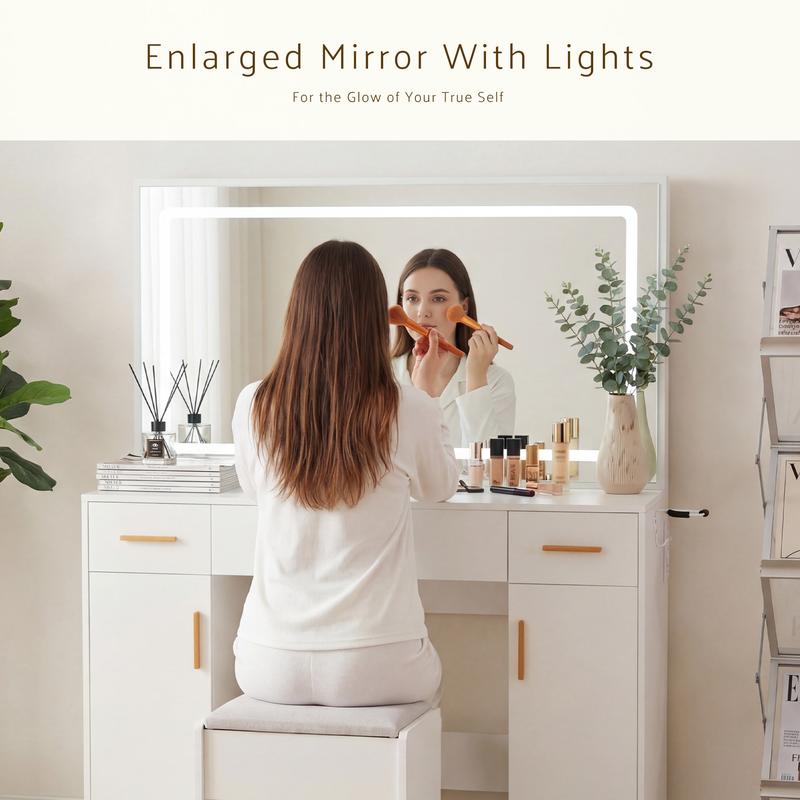 White Vanity Desk with Lighted Mirror & Power Outlet