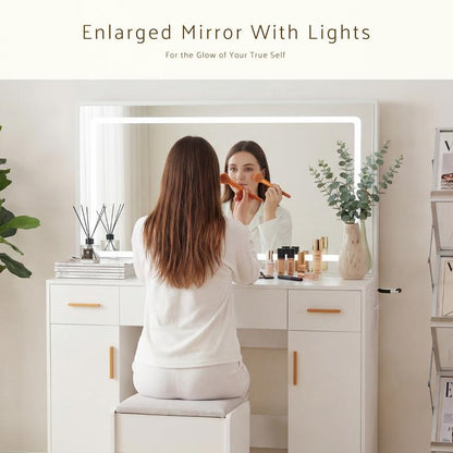 White Vanity Desk with Lighted Mirror & Power Outlet