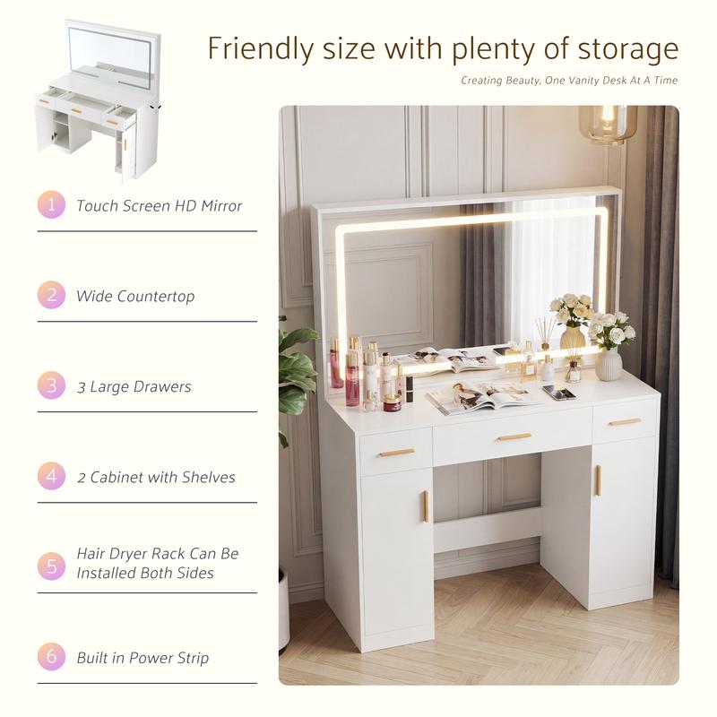 White Vanity Desk with Lighted Mirror & Power Outlet