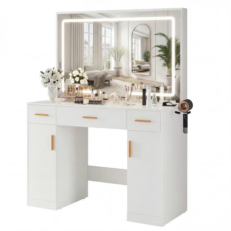 White Vanity Desk with Lighted Mirror & Power Outlet