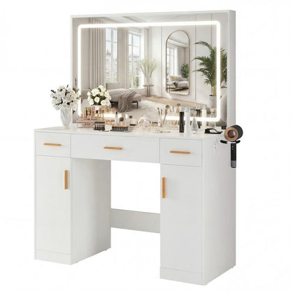White Vanity Desk with Lighted Mirror & Power Outlet