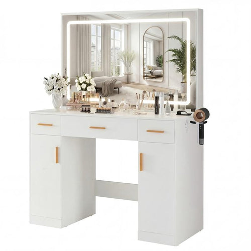White Vanity Desk with Lighted Mirror & Power Outlet