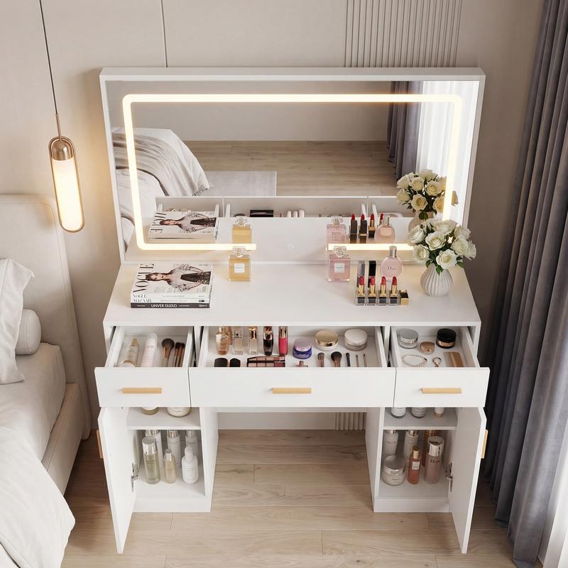 White Vanity Desk with Lighted Mirror & Power Outlet